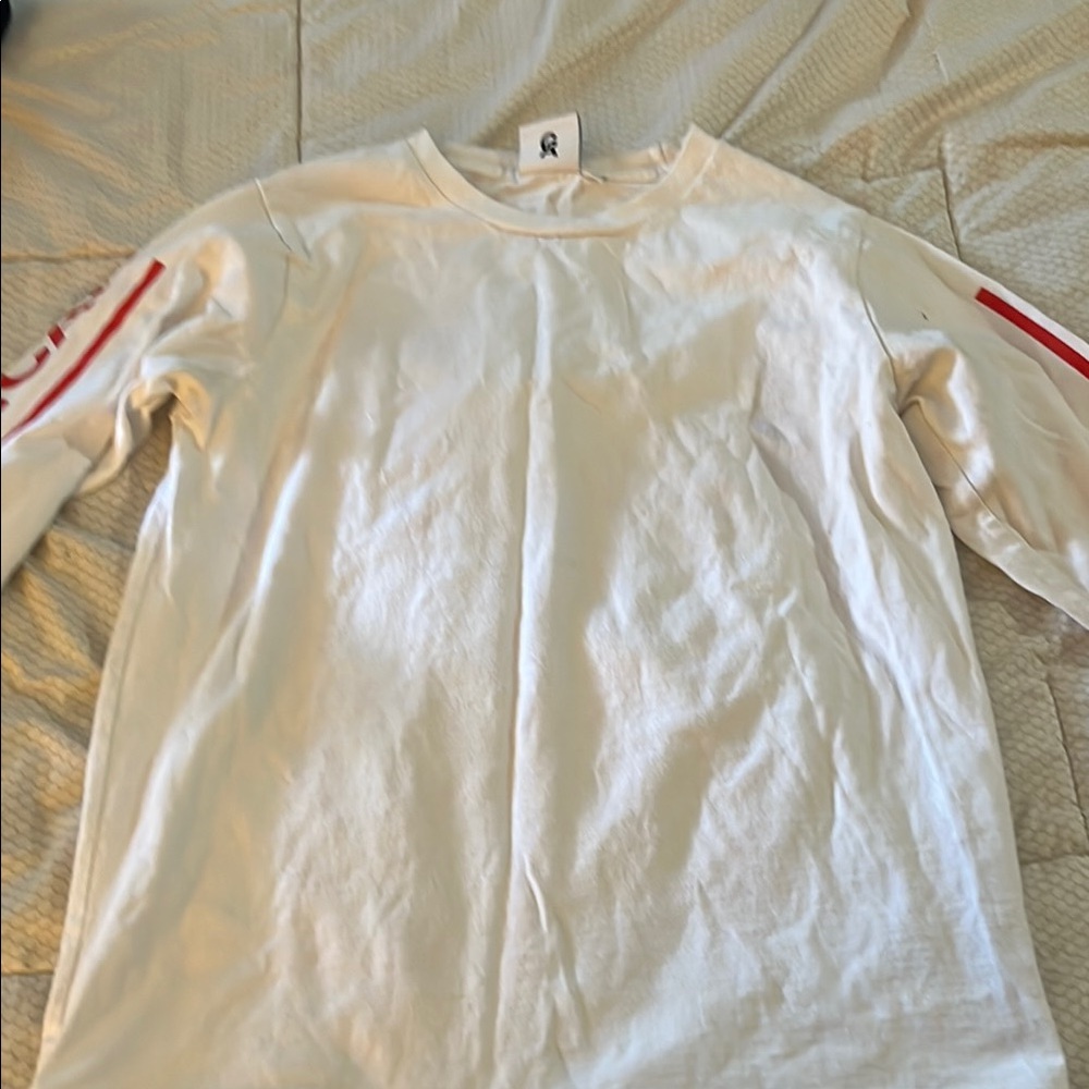 White Long Sleeve Shirt with Red Stripes